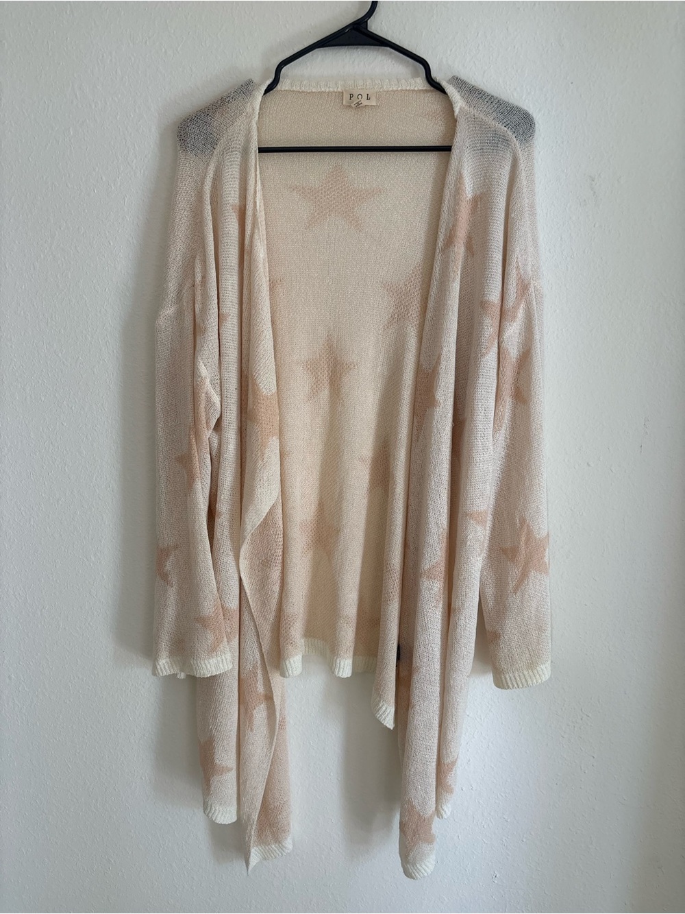 POL Cream Open-Front Cardigan with Peach Star Print